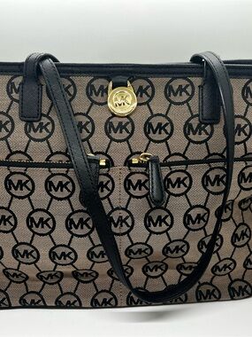 Michael Kors Black and Beige MK Logo Canvas Tote